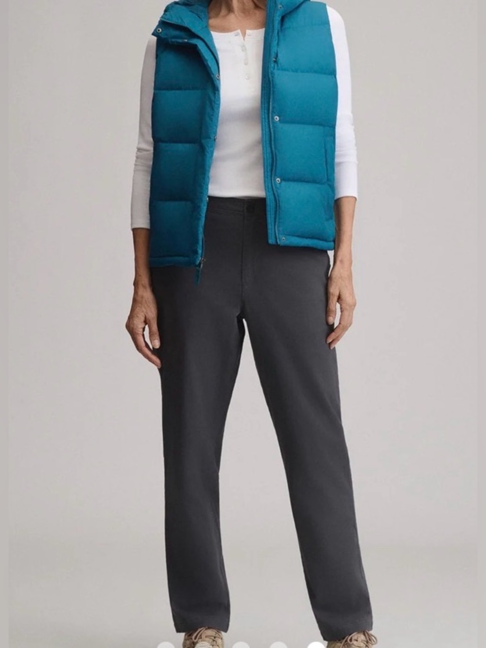 Eddie Bauer Teal Quilted Puffer Vest with Charcoal Straight-Leg Pants